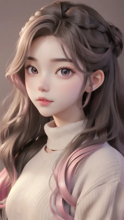 girl, long brown hair, gray eyes, sharp features, white skin, pink lips, wavy hairstyle, sweater, brown jacket