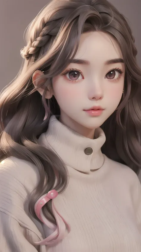 girl, long brown hair, gray eyes, sharp features, white skin, pink lips, wavy hairstyle, sweater, brown jacket