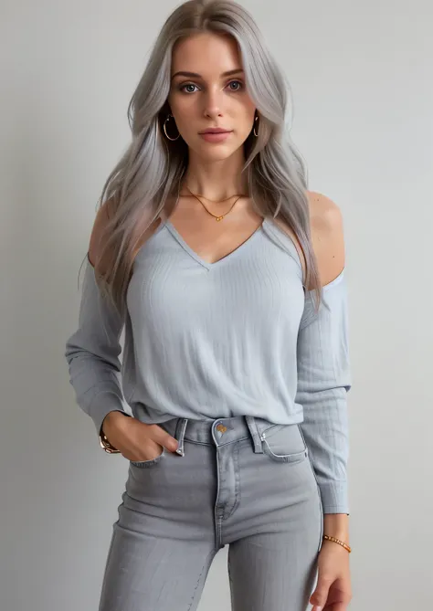 A close-up selfie of a pretty young woman taken with an iPhone camera. The woman looks very beautiful, with her hair in a 1.3 ombre style in shades of grey-blue. The photo has a film grain effect and medium quality.Grey white blouse, skinny jeans, delicate...