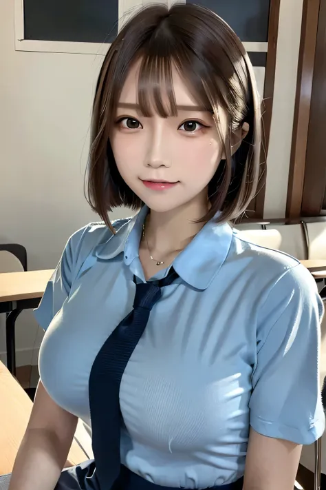 1 girl, beautiful, cute, professional lighting, highest quality,well-groomed face,(school uniform:1.7), beautiful,short hair,(big breasts:1.2), school,