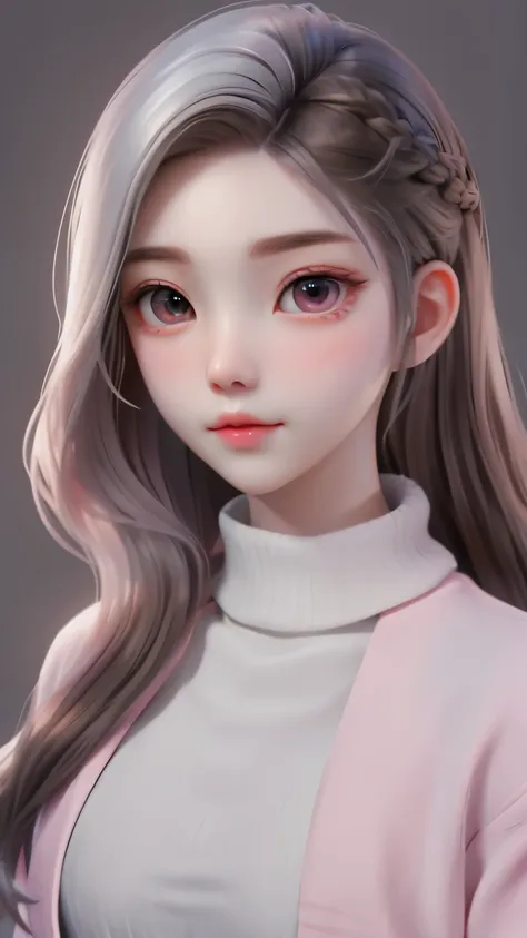 girl, long brown hair, gray eyes, sharp features, white skin, pink lips, wavy hairstyle, sweater, brown jacket