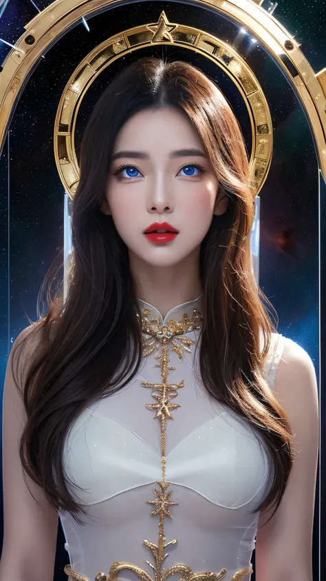 1 27 year old girl, 1 zodiac signs goddess from the future, goddess of the pink and purple 12 zodiac signss, the goddess of the zodiac signs in a yellow ao dai, a 12 zodiac signs ao dai with many black lace detail, mythology Goddess of the 12 zodiac signss...