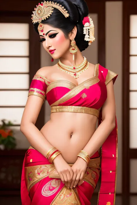 Portrait of an very fair and beautiful indian dressed like a geisha, geisha make up, realistic, perfect figure, busty, ultra seductive, erotic, lusty expression ,UHD, covered, show full length body