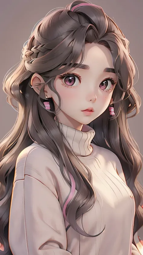 girl, long brown hair, gray eyes, sharp features, white skin, pink lips, wavy hairstyle, sweater, brown jacket