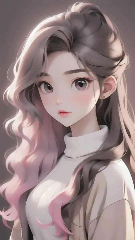 girl, long brown hair, gray eyes, sharp features, white skin, pink lips, wavy hairstyle, sweater, brown jacket