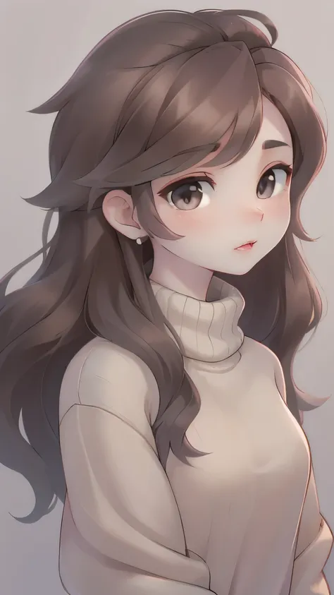 girl, long brown hair, gray eyes, sharp features, white skin, pink lips, wavy hairstyle, sweater, brown jacket