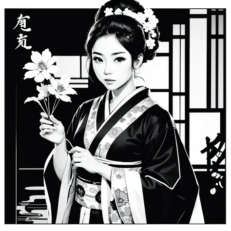 art vintage japonais, conception de t-shirts, art vectoriel, art plat, :1,4. japonaise en kimono,cheveux courts ,black and white...