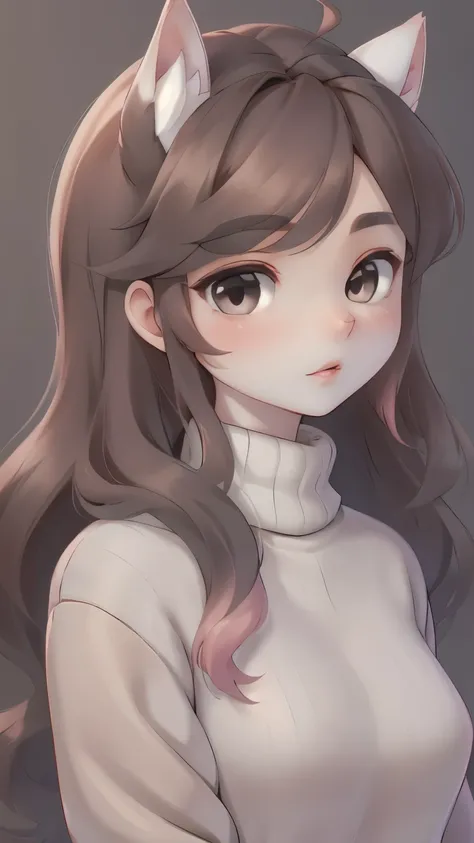 girl, long brown hair, gray eyes, Sharp features, white skin, pink lips, wavy hairstyle, sweater, brown jacket