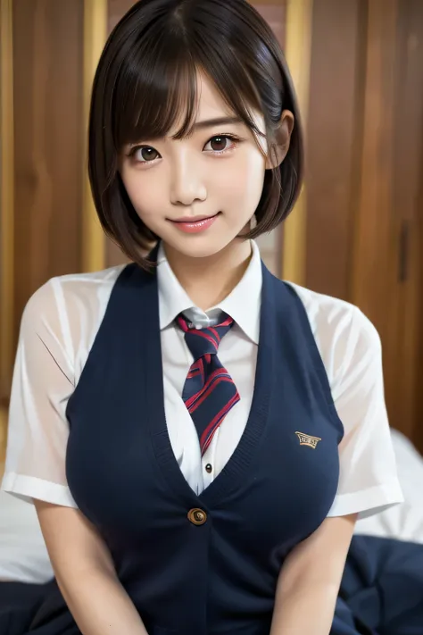 1 girl, beautiful, cute, professional lighting, highest quality,well-groomed face,(school uniform:1.7), beautiful,short hair,(bi...