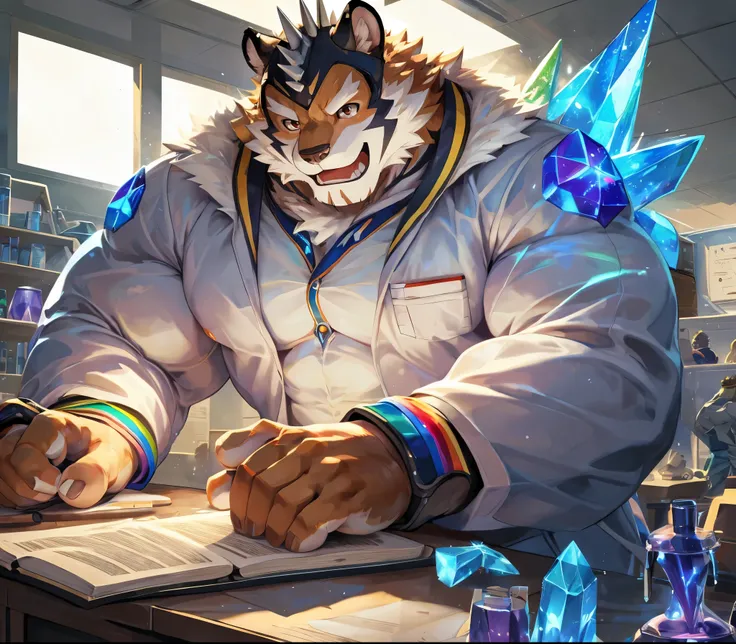 masterpiece,high quality,anime,detailed eyes,furry male White Tiger, Ryekie, Great physique,strong arms manly, in the Big School, Studying on the Room, Laboratory, Scientist suit, analyzing the project, (Rainbow Spark), Shimmering Magic crystal, Joyful, by...