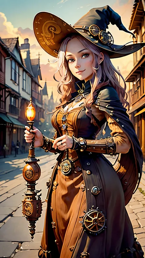 steampunkai。highest quality。masterpiece。detailed details。one woman。very beautiful woman。steampunk witch。(Long chestnut-colored shaved hair)。(beautiful hair)。(smile)。(holding a witch&#39;s wand in one hand)。(stroll around town)。(The background is a town wit...