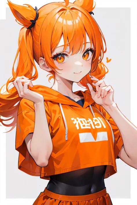 Young beautiful girl , orange pigtails , Orange , hood T-shirt , Cute face , pretty face , 상반god , neat attire, white background , smiling face , looking at the camera , prankster ,exuberant hair , Neat hair ,god , 최고god , no fingers visible , Putting your...