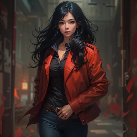 female detective, jeans, black shirt, red jacket, flowing black hair