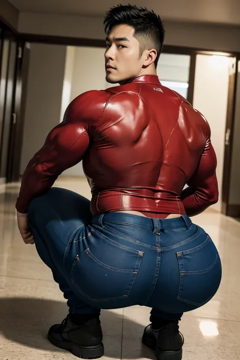 40-year-old boy ,Korean bulky male officer, naked on top, only red skintight man underwear ,((unrealistic super big tight butt wearing pants)), turn back to look at the camera, squatting on the ground.
