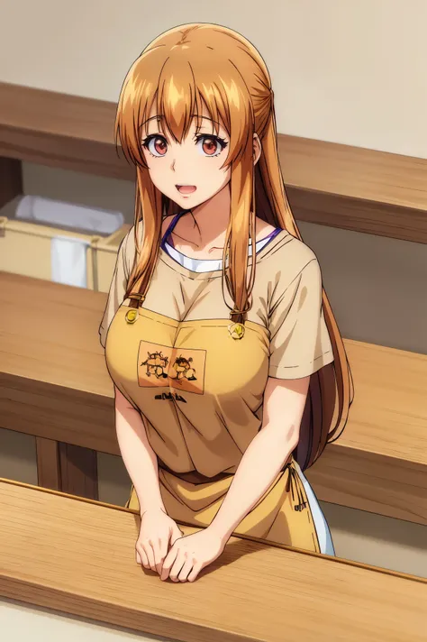 huge , busty, best quality, (masterpiece:1.2), highly detailed, brown t-shirt, apron, 
1girl,  kotegawa nanaka, looking at viewe...