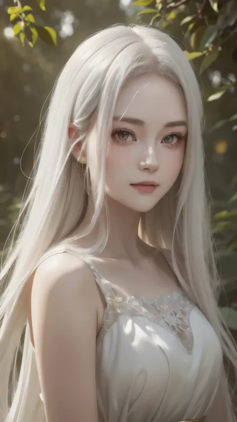 beautiful girl with long white hair, Fair skin, and red eyes, In a forest with movie-like lighting, dark and little lighting. she is wearing a white dress with golden shades, her eyes focused, looking at the viewer. Her skin is white, her face is delicate ...