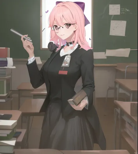 tmasterpiece，highest quality，A mature woman,Female teacher，glasses，short black hair，Conservative clothes，Holding a book，in classroom，blackboards