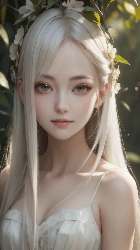 beautiful girl with long white hair, Fair skin, and red eyes, In a forest with movie-like lighting, dark and little lighting. she is wearing a white dress with golden shades, her eyes focused, looking at the viewer. Her skin is white, her face is delicate ...