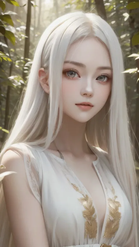 beautiful girl with long white hair, Fair skin, and red eyes, In a forest with movie-like lighting, dark and little lighting. she is wearing a white dress with golden shades, her eyes focused, looking at the viewer. Her skin is white, her face is delicate ...