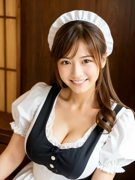 highest quality,best image,Japanese,big breasts,long brown hair,beautiful girl,Maid clothes,smile