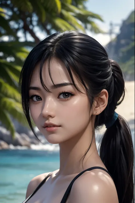 8K,In the horror forest,(masterpiece、highest quality:1.3)、日本のsexyなビキニを着た女子高生,超A high resolution,18-year-old,Super beautiful(like the real thing),black hair ponytail、(1 girl)、((lips))、(nose)、((long face))、stylish、kind eyes,rugged appearance,look at the audi...