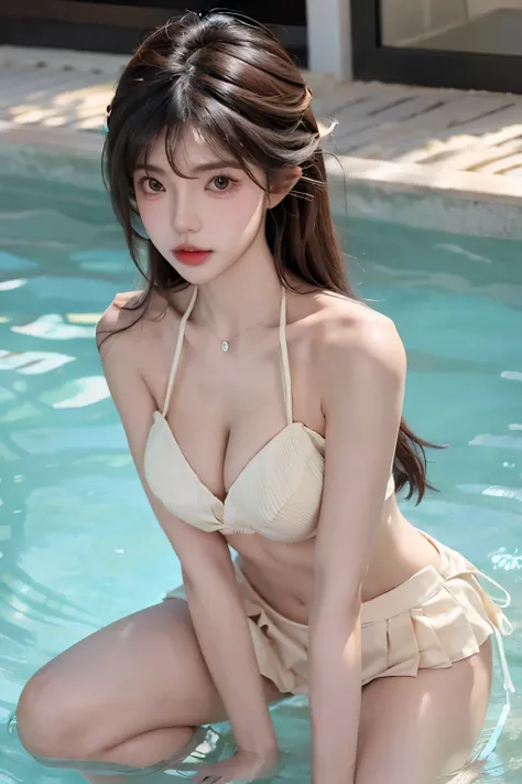 Beautiful woman with perfect body：1.4，layered hairstyle，prominent cleavage，bikini：1.5，ultra short pleated skirt，whole body，Highly detailed facial and skin textures，double eyelids，whiten skin，long hair