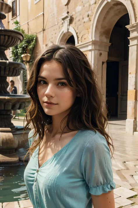 generate me a brunette model who is in italy dressed very casually, wavy hair, natural hair, in some centre or whatever next to a fountain 