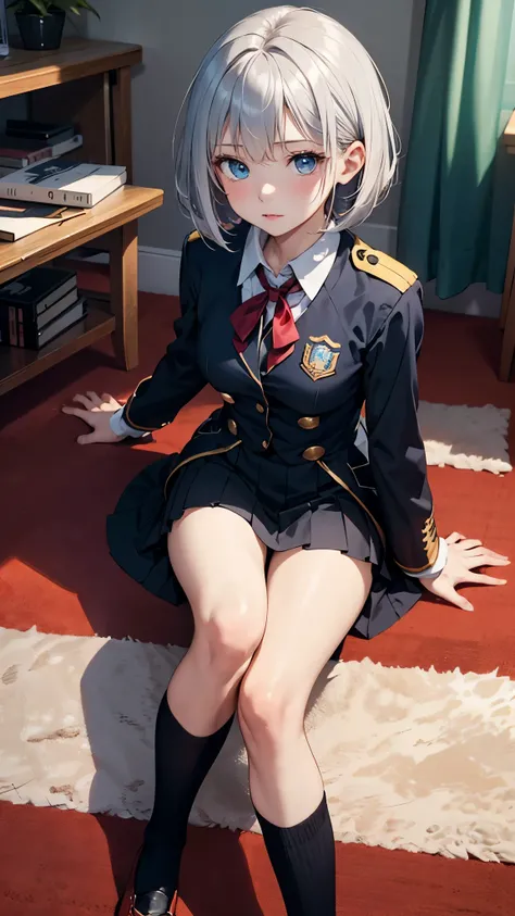 highest quality,1 girl,from the chest up,19 years old,silver hair,（bob cut）,beautiful hair,With bangs,（fine）,dye the cheeks、blue eyes,（Smaller chest）,（uniform）,ブレザータイプのuniform,black knee socks,（living）,sitting on the carpet,aerial perspective、