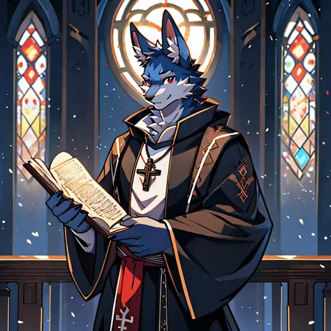 4k, actual, high detail, super detailed, Eyes detailed，fashion clothing，rabbit，Long-eared rabbits，blue fur，red eyes，Slender figure，adult，male，Priest costume，smiling，Bible in hand