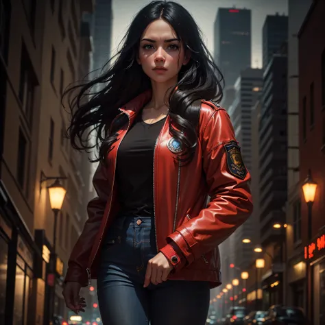 (best quality,4k,highres,masterpiece:1.2),ultra-detailed,realistic,female detective,jeans,black shirt,red jacket,flowing black hair,determined expression,police badge,sharp focus,nighttime urban setting,mysterious atmosphere,street lamps casting shadows,ci...