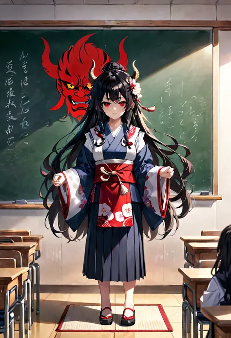 masterpiece, best quality, 8k, highres, ultra detailed, ultra detailed background, high contrast, 1girl, solo, 20s, black hair, long hair, red eyes,traditional Japanese oni costume, classroom, standing at the teachers podium, full body.