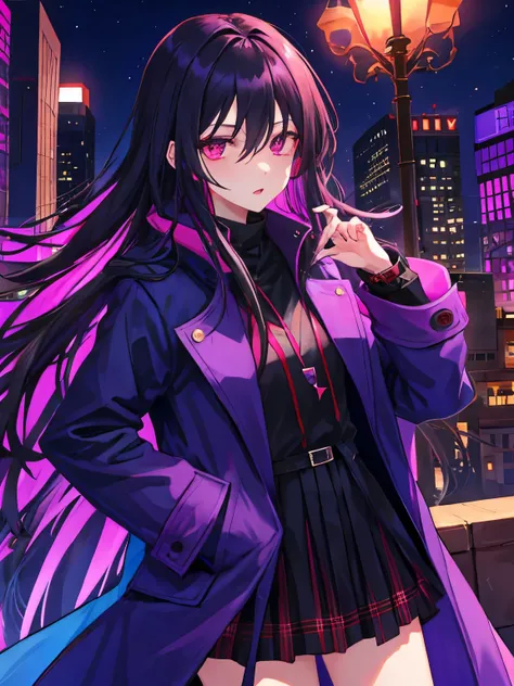 girl, City of night, coat, put one&#39;s hand in one&#39;s pocket , logothic, medium black hair, purple rock, dark red eyes, portrait