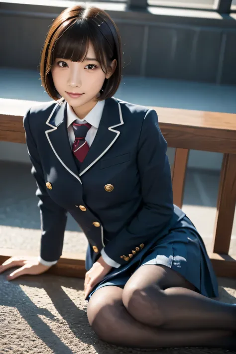 1 girl, beautiful, cute, professional lighting, highest quality,well-groomed face,(school uniform:1.7), beautiful,short hair,(bi...