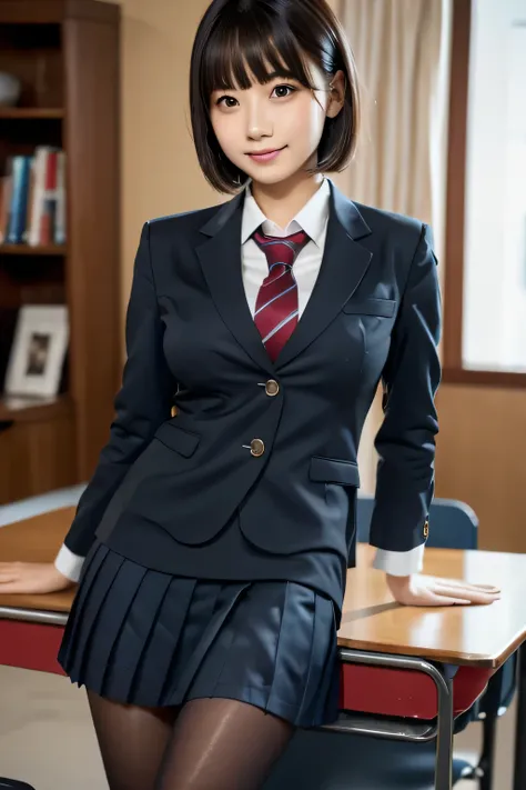 1 girl, beautiful, cute, professional lighting, highest quality,well-groomed face,(school uniform:1.7), beautiful,short hair,(big breasts:1.2), school,beautiful feet, black tights