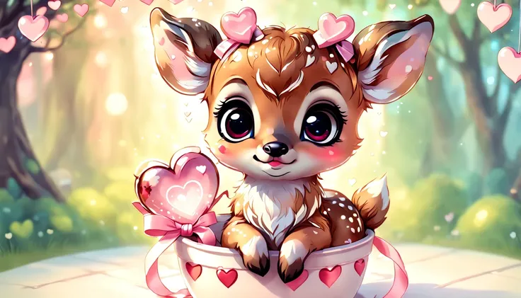 best quality fantasy art of an adorable baby fawn, ribbon, heart, light bokeh, kawaii Valentine scene, white and light pink tetradic colors