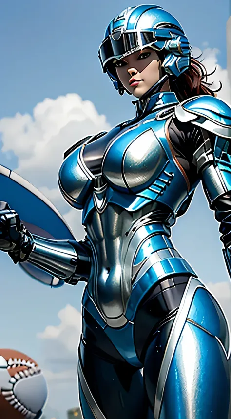 female robocop solo、bright outdoors、strong light source、8K, high quality, masterpiece, 最high quality, sharp contrast、very detailed、Armor that completely covers the whole body、very large armor、Helmet covering the head、clear pictures、Eyes hidden by thin stra...