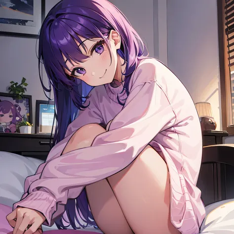 (T Masterpiece，4k wallpaper，best quality))、((girl１people))、(solo)、Shining and vivid，(purple hair)、(shortcut:1.3)、smile、Bedroom、sweater、morning