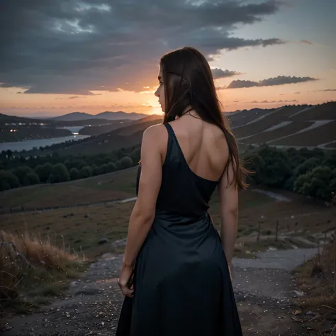 Albanian, girl, long brown hair, blue eyes, 40DD, seculareveningdress, 1girl, solo, back view, ass, standing, sunset, panorama, outdoors,  bare shoulders, sleeveless,  slate atmosphere, cinematic, dimmed colors, dark shot, muted colors, film grainy, lut, s...