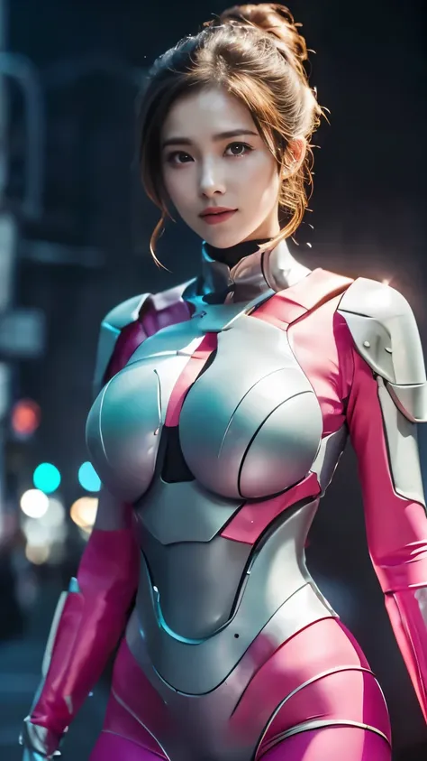 (highest quality、8k、32k、masterpiece、uhd:1.2、perfect body beauty:1.2、wearing a futuristic hero suit with a pale pink and white sh...