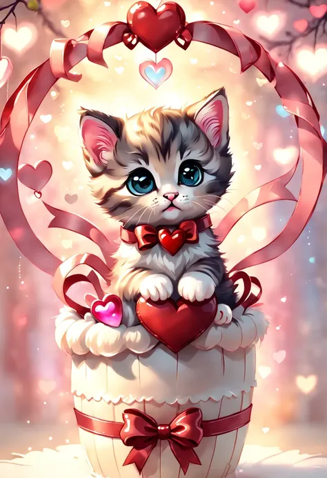 best quality fantasy art of an adorable baby Kitten, ribbon, heart, light bokeh, kawaii Valentine scene