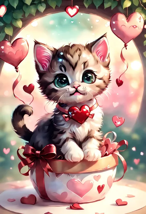 best quality fantasy art of an adorable baby Kitten, ribbon, heart, light bokeh, kawaii Valentine scene