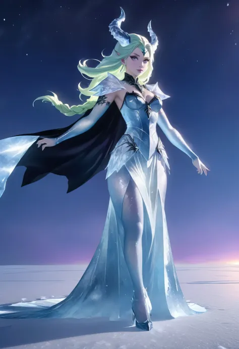 (8k, highest quality, masterpiece: 1.2), (realistic, realistic: 1.37), Super detailed, an ice female demon、Standing in the frozen snow field、Witch wearing pale armor, ((sexy costume:1)), SEXY female devil, ((aurora in the night sky)), 