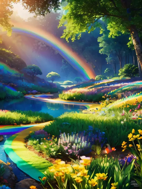 enchanted mysterious forest, Neon colored butterflies, deep blue water river spring, golden mini fairy, Glowing mushrooms that release pollen, extremely beautiful landscape, (Super realistic), {Highly detailed 8k CG unit wallpaper}, expansive landscape pho...