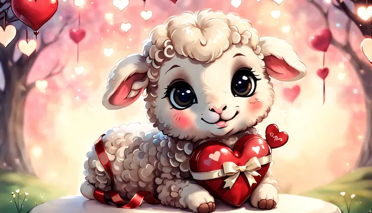 best quality fantasy art of an adorable baby lamb, ribbon, heart, light bokeh, kawaii Valentine scene