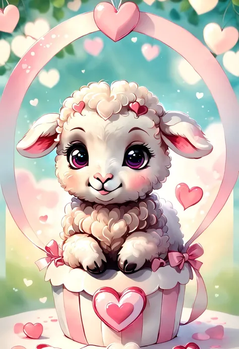 best quality fantasy art of an adorable baby lamb, ribbon, heart, light bokeh, kawaii Valentine scene, light pink and white tetradic colors