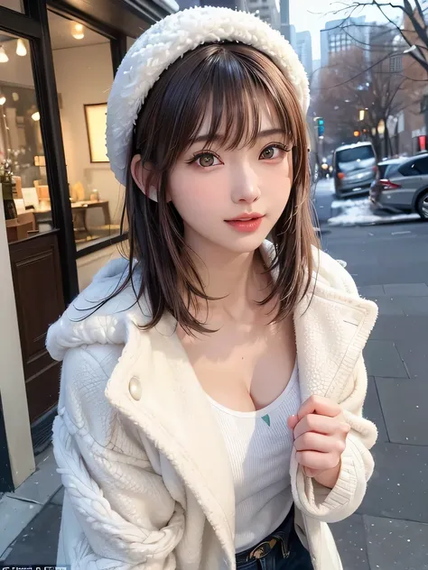 (highest quality:1.4、Add intense highlights to your eyes:1.4、short and shiny hair:1.4 )、1 girl、alone、short black hair、scarf、light brown eyes、droopy eyes:1.5、short hair、Jacket、coat、Winter clothes、hat、lips、lip gloss:1.4、bangs、closed mouth、Big eyes、eyelash、((...