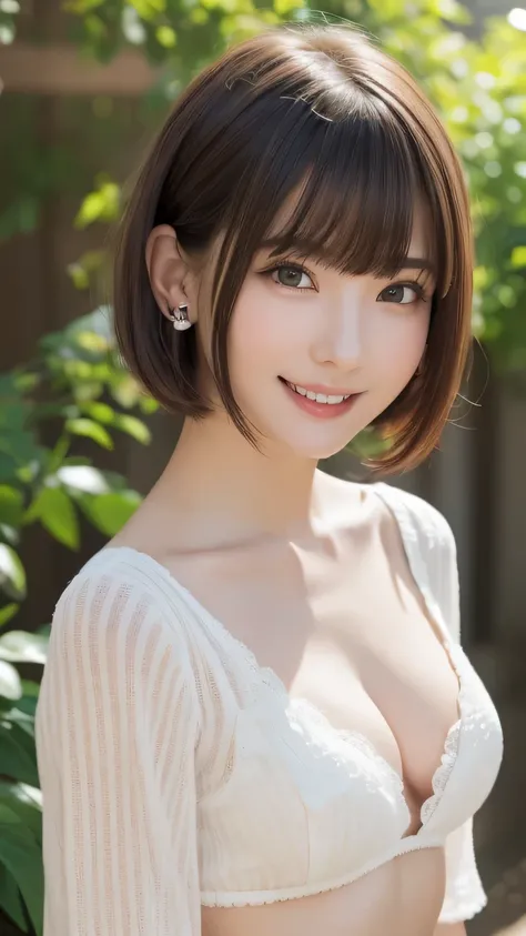 (table top, highest quality、ultra high resolution、face focus focus、focus on the sides、navel focus、decolletage focus、very attractive beauty、Add intense highlights to your eyes、look closely at the camera:1.4、Absolutely beautiful bangs:1.4、Brunette short bob ...