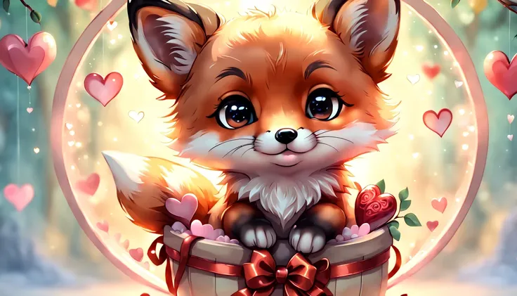 best quality fantasy art of an adorable baby Fox, ribbon, heart, light bokeh, kawaii Valentine scene