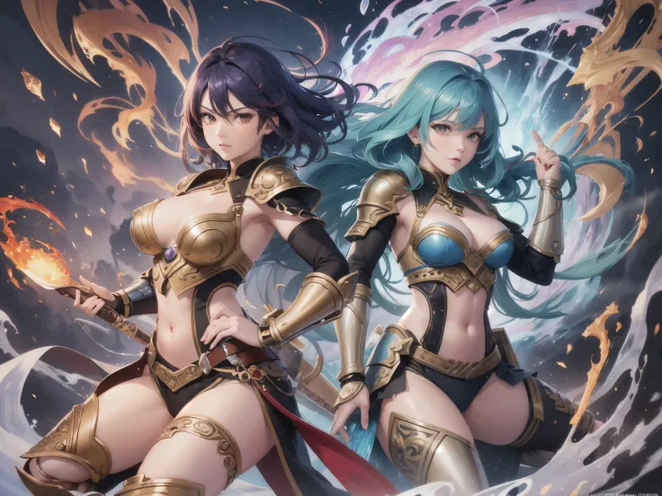 ((highest quality)),(ultra high resolution),(Super detailed),(detailed description),((best CG)),(best work of art),super precision art,amazing drawing art,(Fantasy art with precise details:1.5), ((two female warriors:1.8)),dynamic pose:1.5, (red short hair...