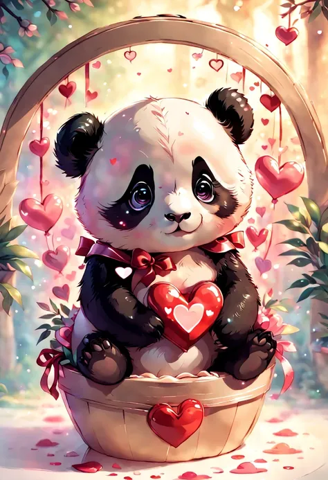 best quality fantasy art of an adorable baby panda, ribbon, heart, light bokeh, kawaii Valentine scene